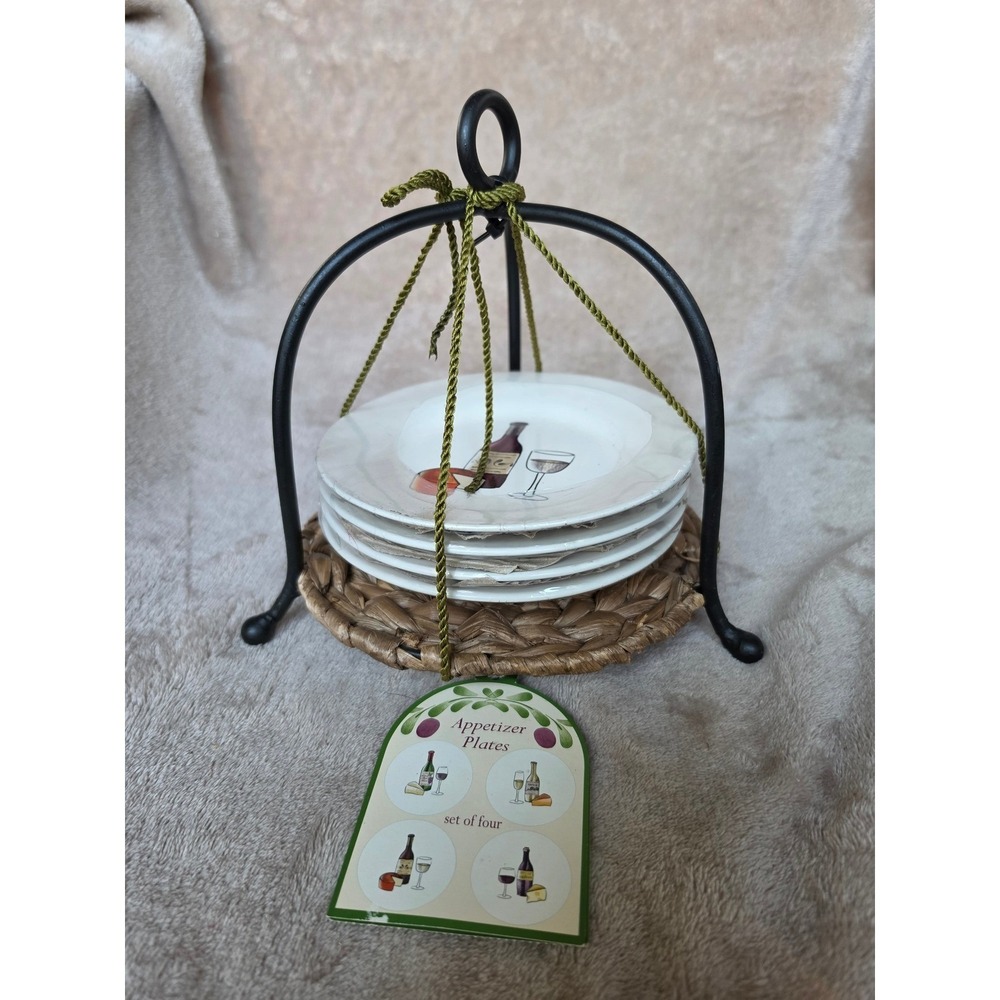 DesignPac Wine Cheese Appetizer Plates Set of 4 with Iron Rack Woven Base NEW